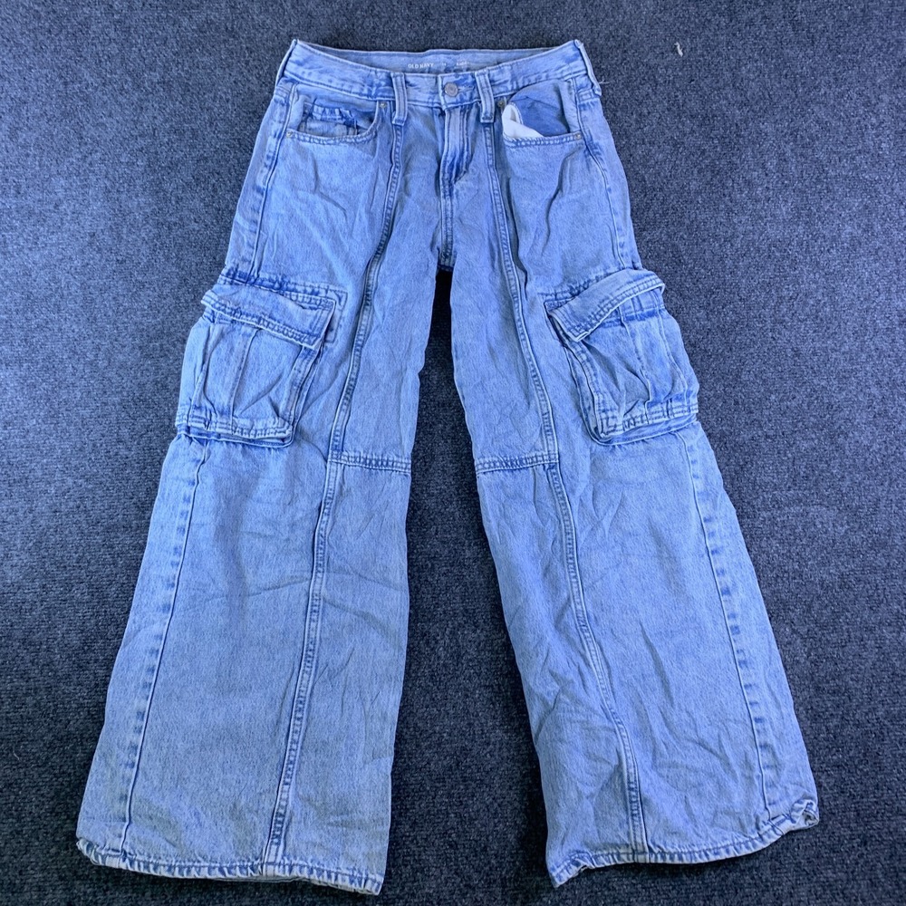 Old Navy Baggy Cargo Jeans Womens 14 (Fits 27x25) Blue Denim High Rise Wide Leg